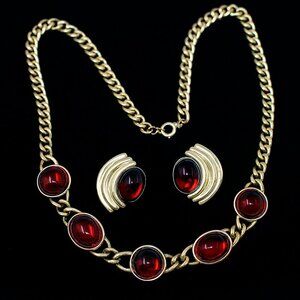 Vintage Gold and Red Necklace w Pierced Earrings Set Statement Style - Hey Viv